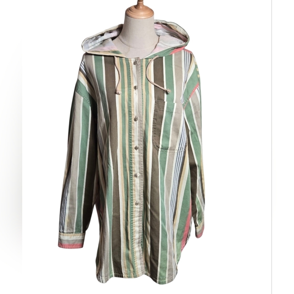 Stefano International Vintage Green And Brown Striped Hooded Shirt